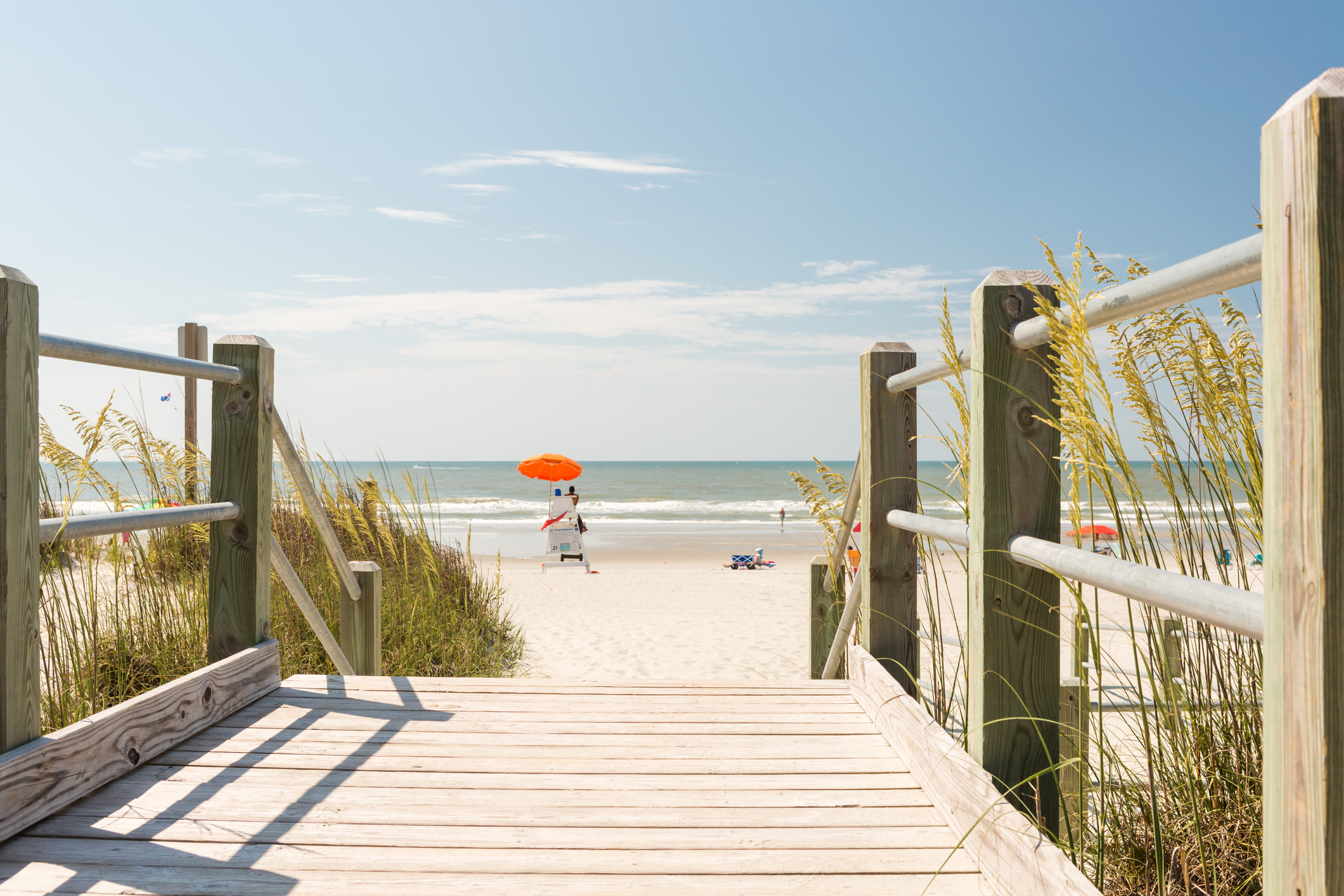 Myrtle Beach sand, ocean, water, lifeguard chair, orange umbrella, boardwalk to beach, sand dunes,