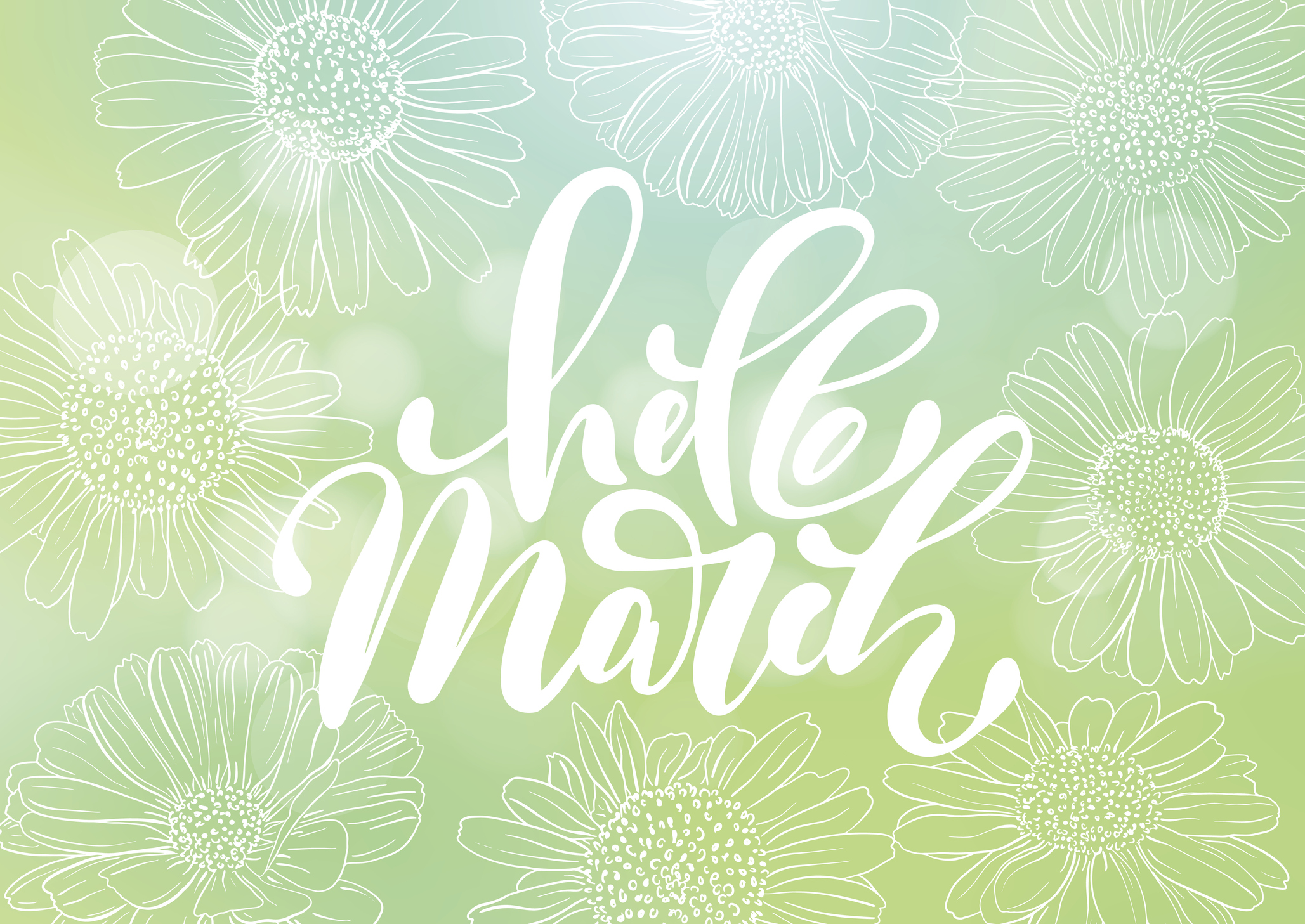 Phrase Hello March. Brush pen lettering. Vector Illustration isolated on a abstract blurred green background.