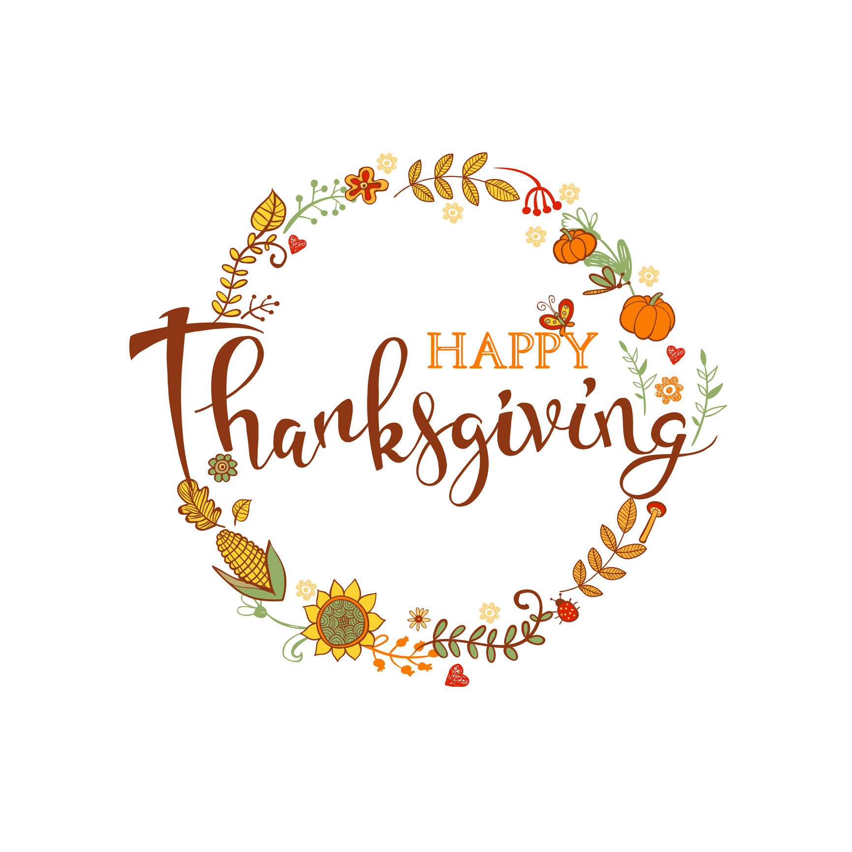 Thanksgiving poster or greeting card with Thanksgiving Calligraphy inscription and holiday traditional symbols.